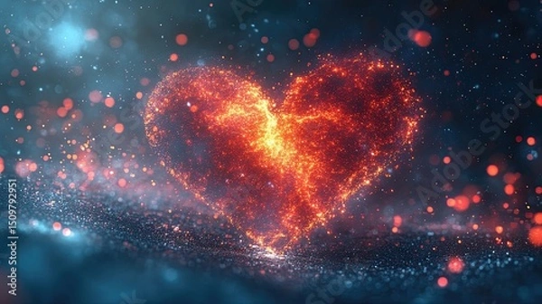 Fototapeta Glowing heart shape formed by particles with bokeh lights in a dark blue background scene design