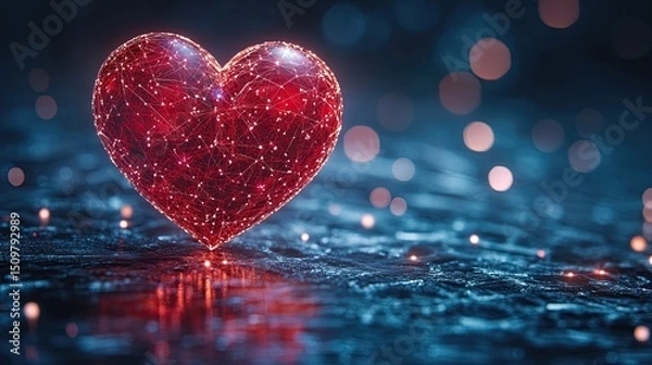 Fototapeta A glowing red heart with a network of lines on a reflective surface against a blurred background