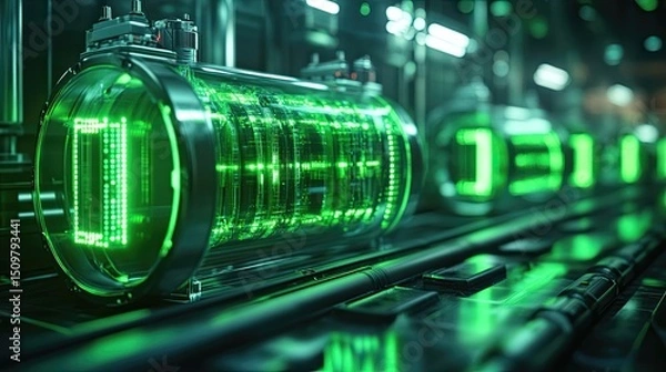 Fototapeta Close up of a futuristic machine with glowing green lights and metal components in a dark environment