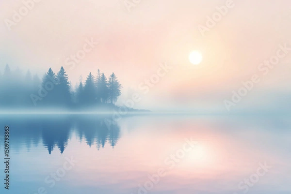 Obraz 幻想的な霧に包まれた湖畔の風景。静寂な水面に、シルエットになった針葉樹林が淡く反射し、神秘的な早朝の雰囲気を演出しています	