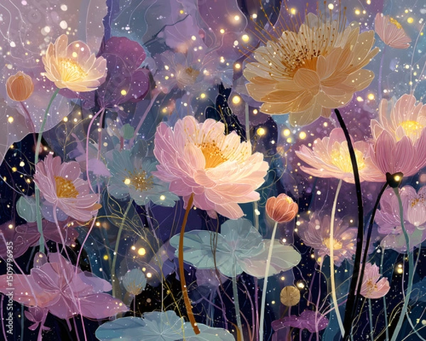 Fototapeta Colorful abstract floral design with ethereal elements and soft lighting.
