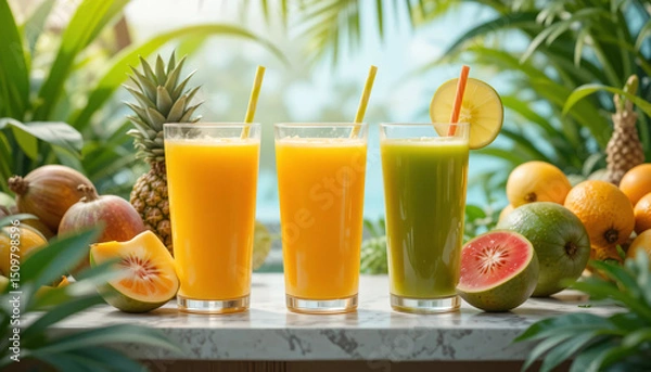 Fototapeta A tropical juice bar setup with glasses of mango, pineapple, and guava juice displayed on a counter