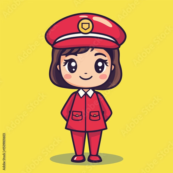 Fototapeta Cheerful Cartoon Girl in Red Uniform and Cap