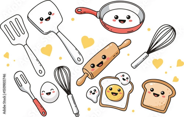 Fototapeta Smiling kitchen tools, all with happy faces, arranged playfully