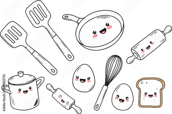 Fototapeta Smiling kitchen tools, all with happy faces, arranged playfully