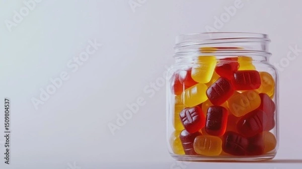 Obraz Glass jar filled with colorful gummy candies on white background.