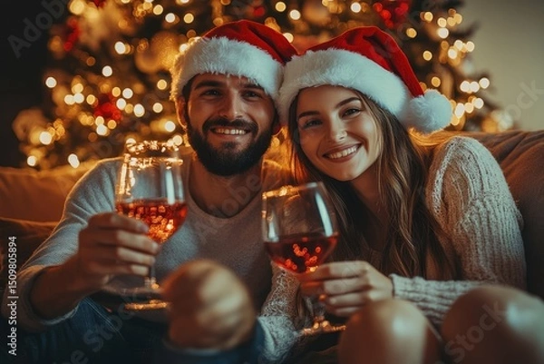 Fototapeta Loving couple in Santa hats cheers with glasses of wine, enjoy holiday, sit on sofa in living room interior with Christmas tree and luminous garlands