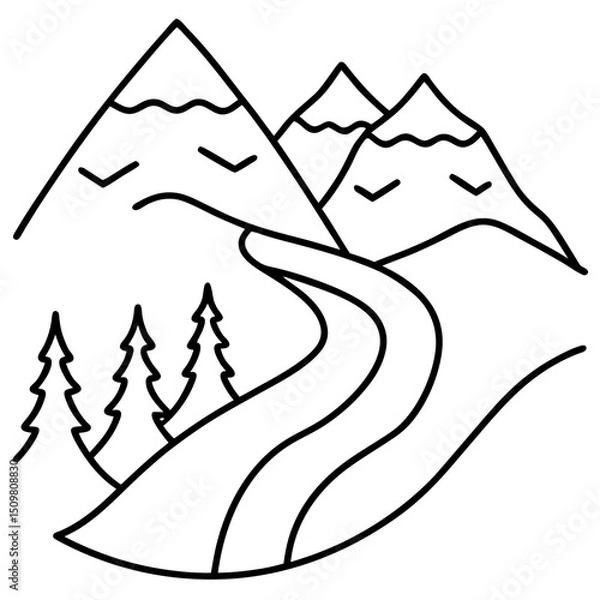 Fototapeta Hiking path in mountain view line art vector illustration 