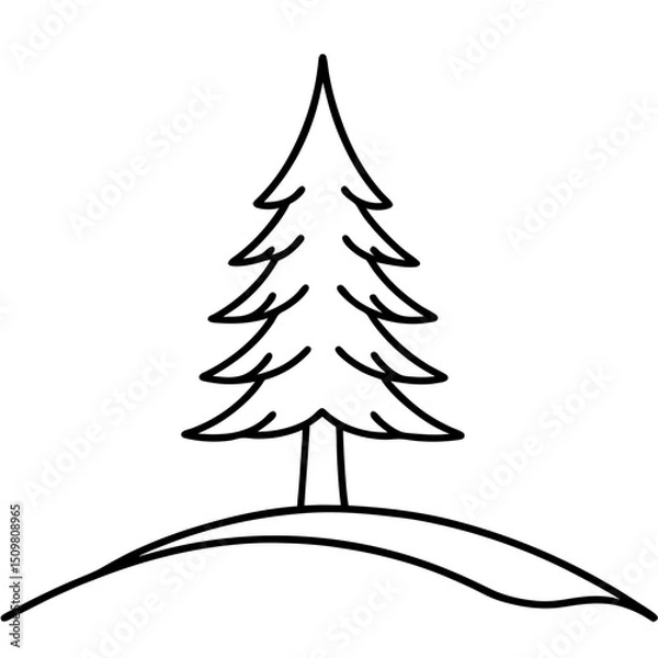 Fototapeta Lonely pine tree on hill line art vector illustration 