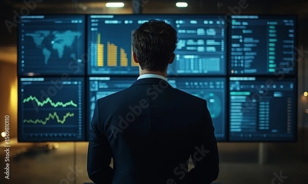 Fototapeta Back of a businessman in front of professional key performance indicator KPI metrics dashboard with screens and charts for sales and business results evaluation and KPI