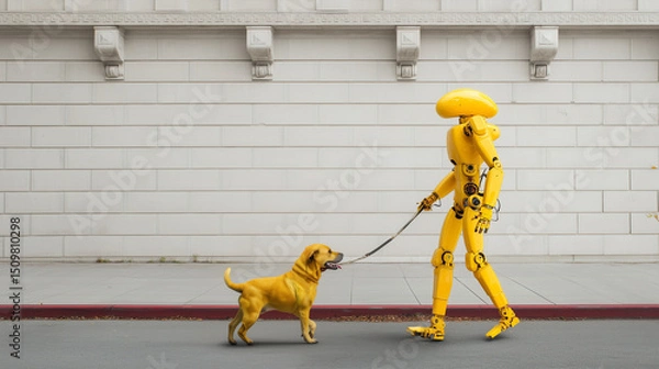 Fototapeta Futuristic dog-walking robot at work—companion machine performs daily task with care—automation becomes a symbol of affection in the modern pet–robot relationship
