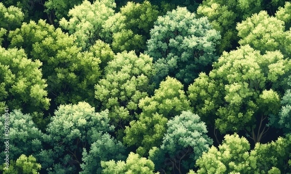 Fototapeta Seamless pattern background of a lush forest scene with a dense canopy of trees in various shades of the green tranquility of nature