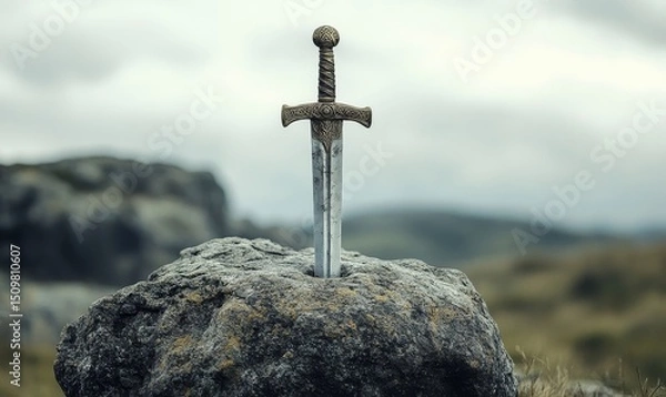 Fototapeta Sword stuck in a rock like in the Excalibur legend , the mythical sword of king Arthur