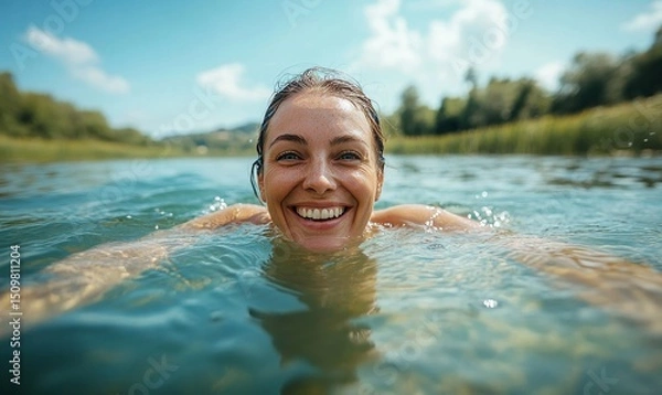 Obraz Selfie image of mature happy woman swim in the lake in middle of beautiful natural landscape