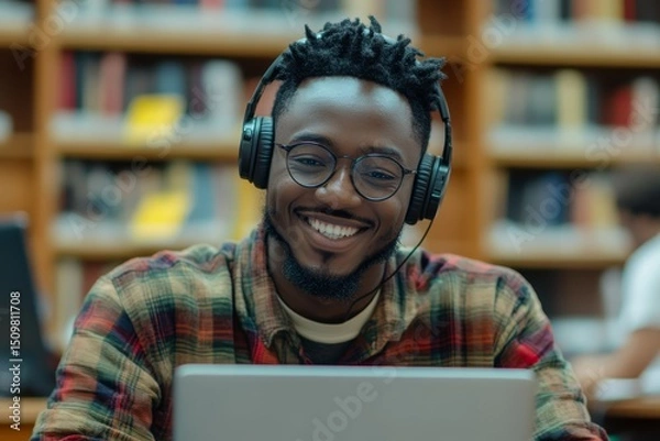 Fototapeta Happy black student guy with headphones in university library, using laptop and smiling, having online lesson, moment of blended technology and virtual