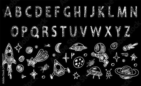 Obraz Crayon Illustration of Rocket Launch in Space and English font