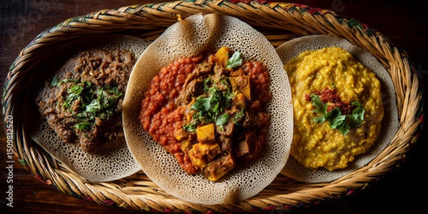 Fototapeta ethiopian injera with colorful wot stews top view
