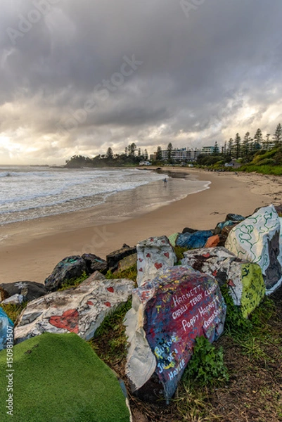 Obraz Port Macquarie, New South Wales, Australia - 05 12 2025: Town beach with a lone surfer, approximately one week prior to the May 2025 flood event.