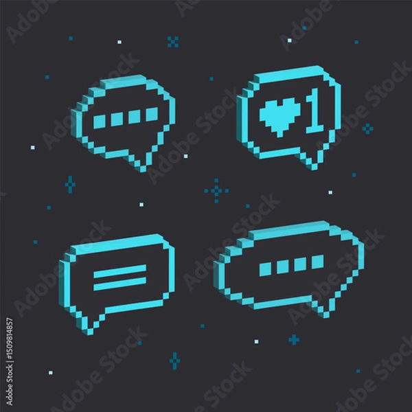 Fototapeta Set of 3d pixel speech bubbles. Isometric 8 bit chat messages. 3d bubble talk signs. Volumetric mosaic message boxes