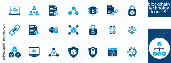 Obraz Blockchain technology icon set.blockchain, node, distribution, decentralized finance, encryption, tokens, white paper and wallet icon