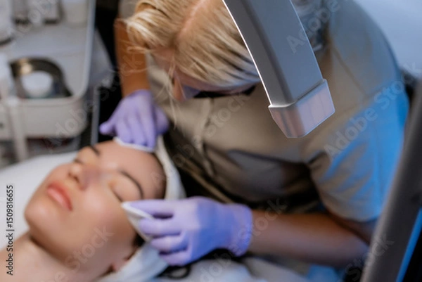 Obraz Esthetician cleansing woman's face with towel after facial treatment in beauty salon, young woman relaxing with closed eyes