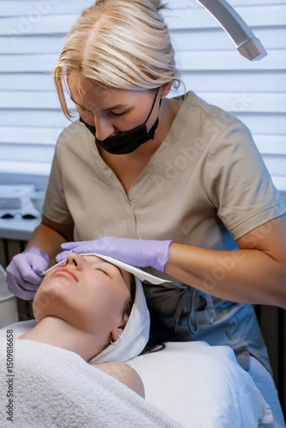 Obraz Esthetician cleansing woman's face with towel after facial treatment in beauty salon, young woman relaxing with closed eyes