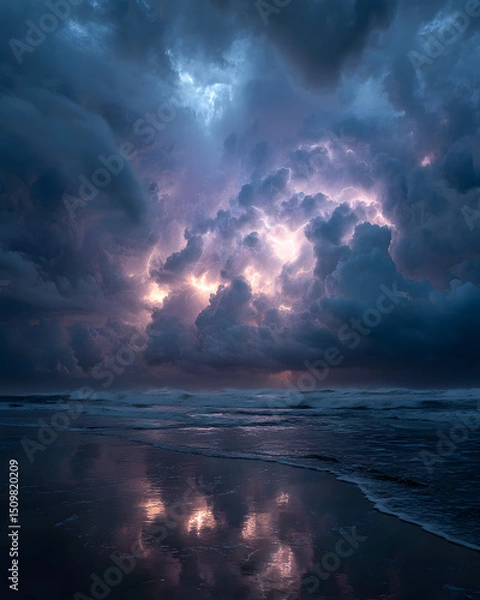 Fototapeta Mysterious storm clouds over a reflective ocean surface.