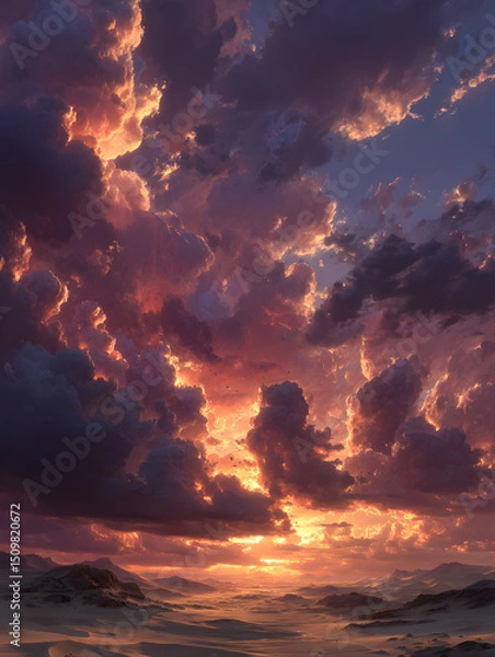 Fototapeta Vibrant sunset clouds reflecting over tranquil ocean waters.