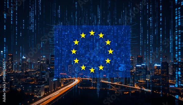 Fototapeta Conceptual image of NIS2 directive featuring EU stars with a data stream overlay on a metropolitan skyline, highlighting secure digital infrastructure across Europe.