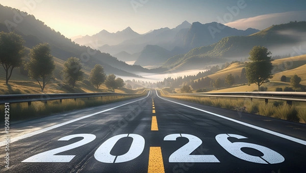 Fototapeta A winding asphalt road with bold white markings reading "2026" on its surface, stretching into the distance toward majestic mountains shrouded in soft mist