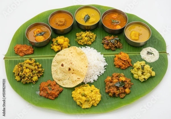 Obraz South indian meals served on banana leaf isolated on transparent background