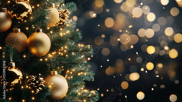 Obraz Beautifully Decorated Christmas Tree with Golden Ornaments, Twinkling Fairy Lights, and Wrapped Gift Boxes on a Festive Blurred Background

