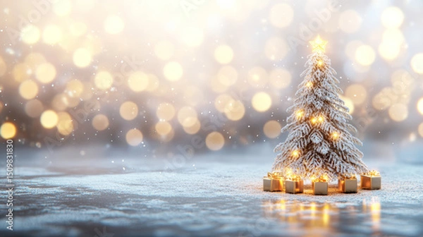 Obraz Beautiful Decorated Christmas Tree with Golden Ornaments, Twinkling Fairy Lights, and Wrapped Gift Boxes on a Festive Blurred Background

