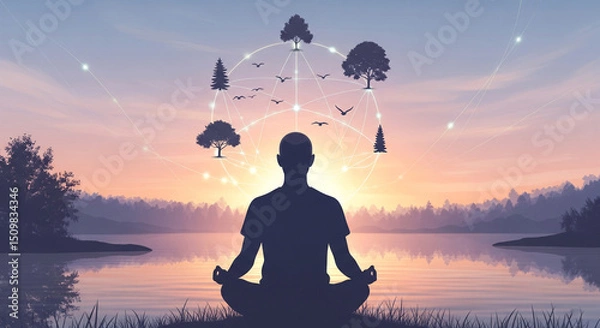 Obraz A serene silhouette of a person meditating on a tranquil lake at sunrise, with subtle, glowing lines connecting their mind to natural elements like trees and birds, symbolizing peace and clarity. 