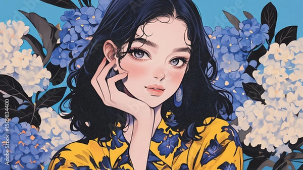 Fototapeta 青い紫陽花と艶やかな黒髪の女性が静かに微笑む幻想的な横顔のイラスト・花に包まれた肖像画・夏・初夏・アジサイ・水彩風・透明感・手描き風・ガーリー・落ち着いた雰囲気