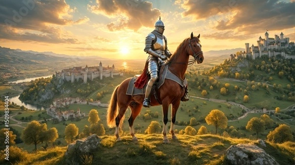 Obraz Medieval knight in shining armor on horseback overlooking a majestic valley of ancient castles and golden sunset, symbolizing honor, bravery, and timeless European history. 1