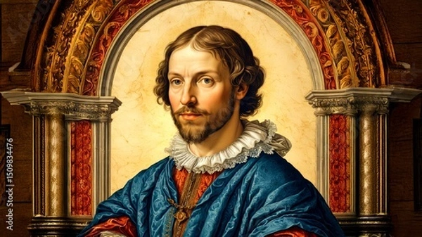Obraz Renaissance-inspired portrait of a nobleman in vibrant blue and red garments with lace ruff, set against an ornate classical arch, ideal for historical and cultural concepts. Baroque. Man. 2