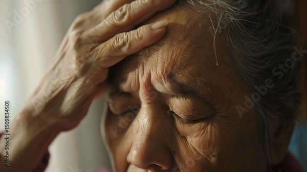 Obraz Close-up portrait of concerned elderly senior touching forehead in worry, blurred medical chart background symbolizing stroke risk awareness and health anxiety for aging population