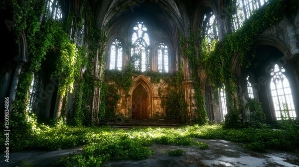 Obraz Overgrown Gothic Cathedral Nature Reclaims Ancient Ruins