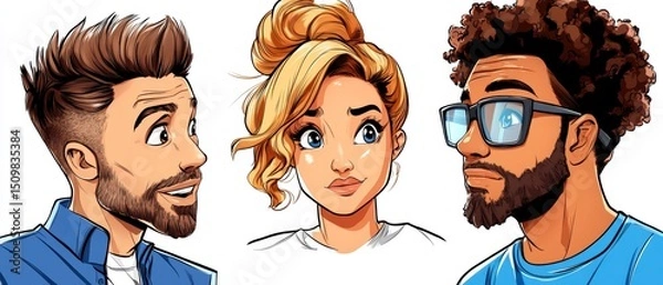 Obraz Stylish Cartoon Portraits Diverse Characters with Unique Hairstyles