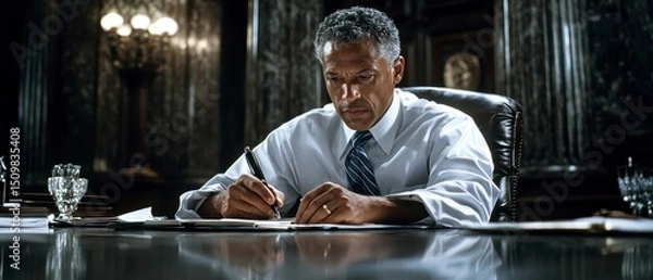 Obraz Serious Man Writing at Desk in Office; Focused Professional Working Late