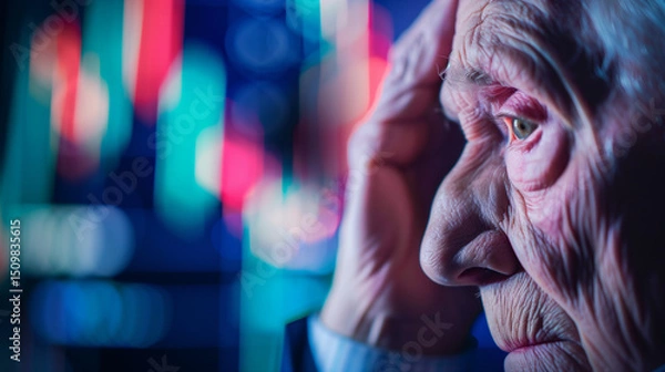 Obraz Close-up portrait of concerned elderly senior touching forehead in worry, blurred medical chart background symbolizing stroke risk awareness and health anxiety for aging population
