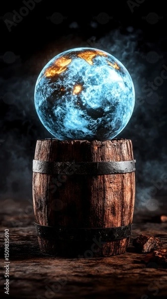 Obraz Mystical Earth Globe on Ancient Wooden Barrel Digital Art