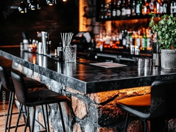 Obraz Elegant Dark Bar Interior Stone, Metal, and Warm Lighting Design