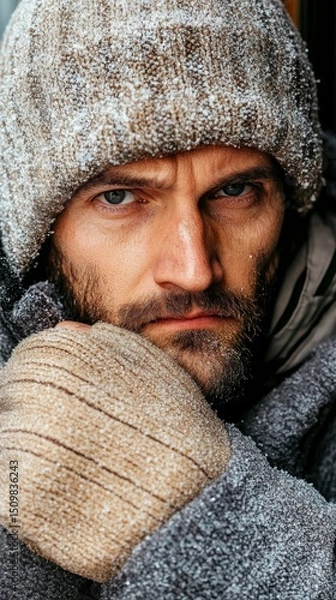 Obraz Portrait of a Man in Winter, Cold Weather, Serious Expression