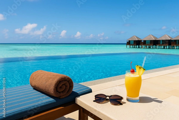 Obraz 海とつながるインフィニティプールとトロピカルドリンク