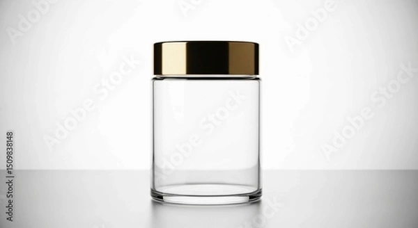 Fototapeta A minimalist studio shot of a transparent cylindrical glass jar topped with a reflective gold lid, ideal for product branding.
