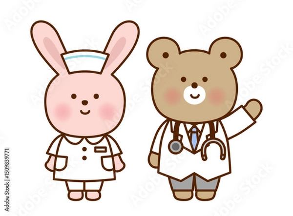 Obraz かわいい動物のお医者さん・ナースイラストセット｜くま・うさぎ