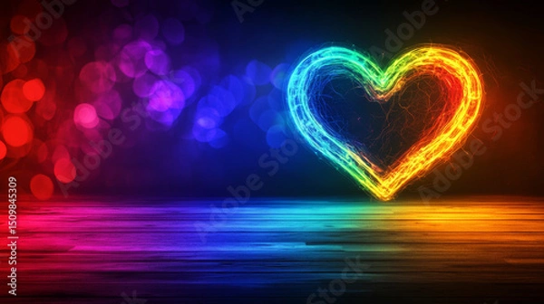 Obraz Glowing rainbow heart created with colorful light trails on a reflective wooden floor in a dark room with vibrant lighting effects

