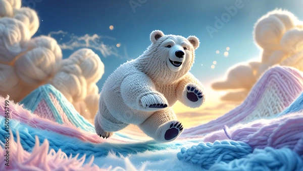 Obraz Whimsical knitted polar bear with intricate details in serene pastel glacier setting with glowing sky